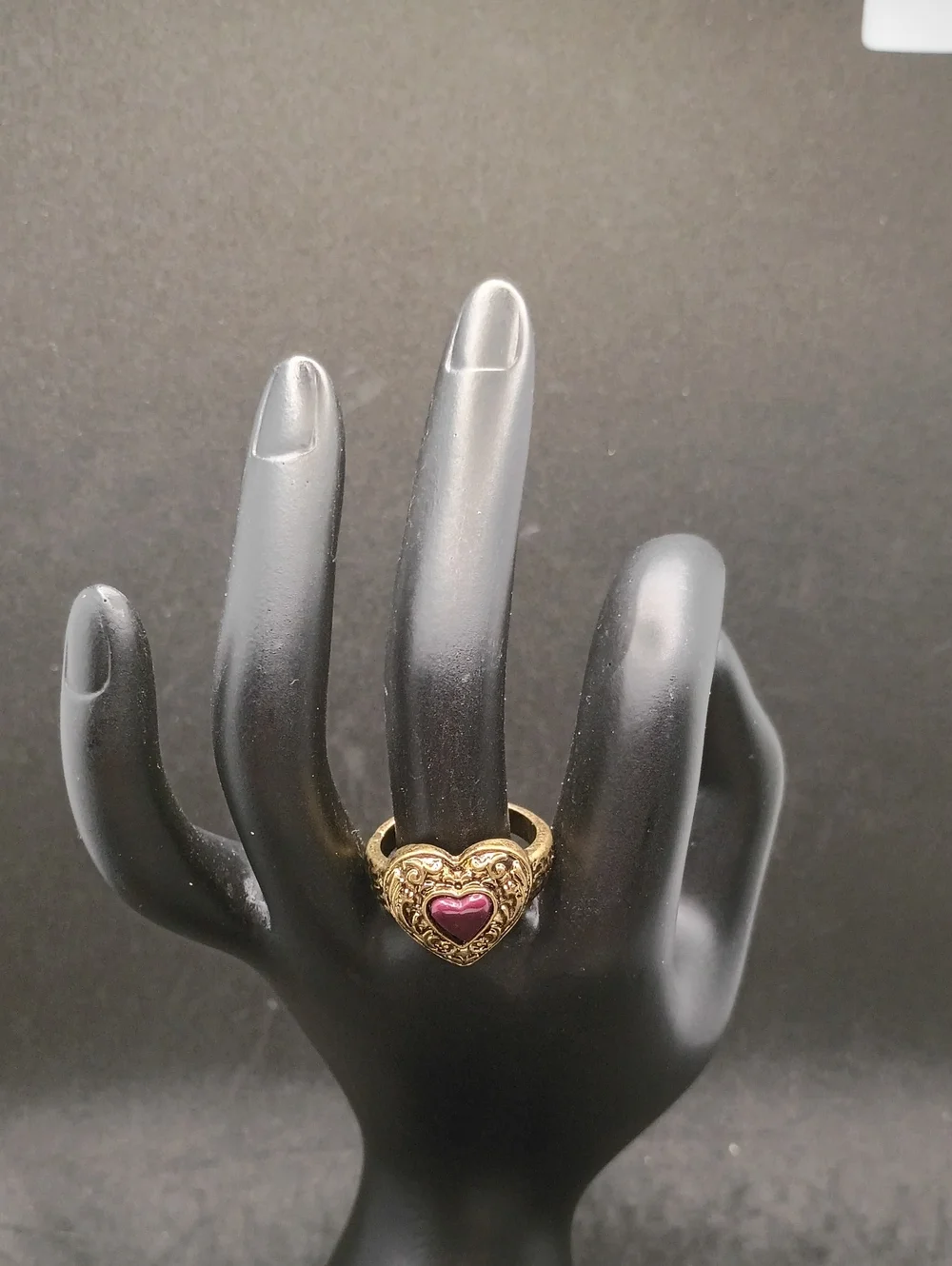Size 9 Gold Tone Heart Ring with Red Enamel Center